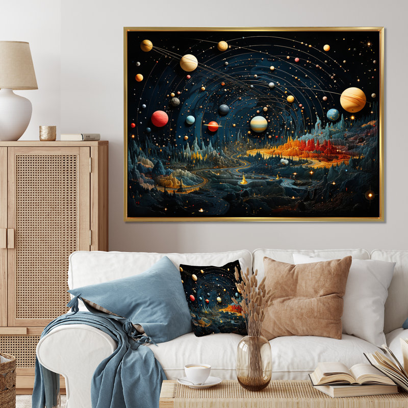 Impression sur toile, planètes colorées II, H 12 po x l 20 po x P 1 po, Cadre flottant doré