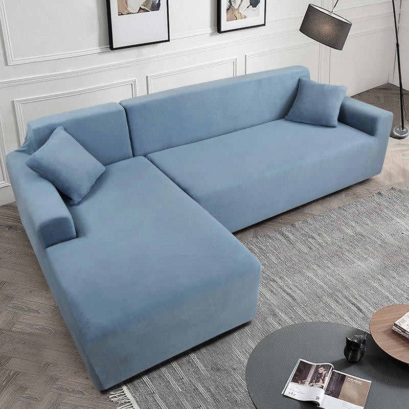 Thick Velvet L-Shaped Sofa Cover - Sectional Sofa Cover With 2 Throw Pillow Covers, Gray Blue