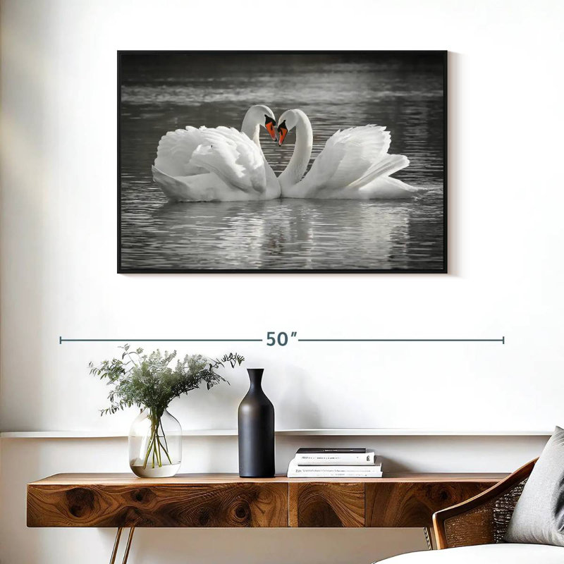 Couple de cygnes amoureux, Cadre flottant noir, 37 po x 25 po