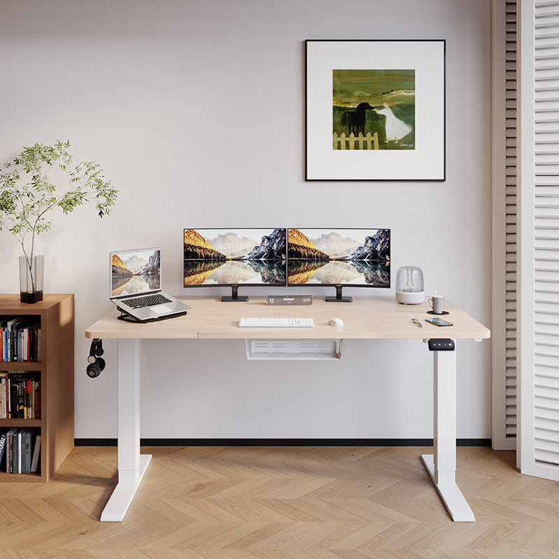 Electric T-Shape Height Adjustable Standing Desk, 160cm W x 70cm D, Beige