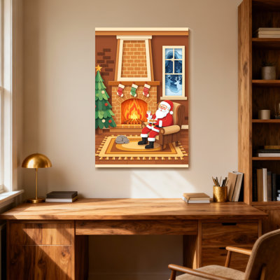 Christmas Santa Claus By Fireplace With Christmas Tree