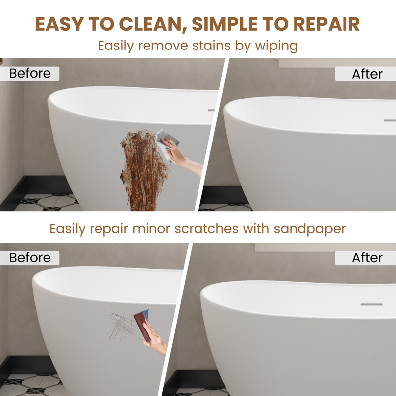 Crescent 64.56"x 32.27" Solid Surface Stone Freestanding Soaking Bathtub