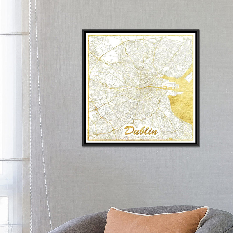 «Dublin Gold Leaf Urban Blueprint Map», impression sur toile, H 26 po x l 26 po x P 1,5 po, Toile avec cadre noir