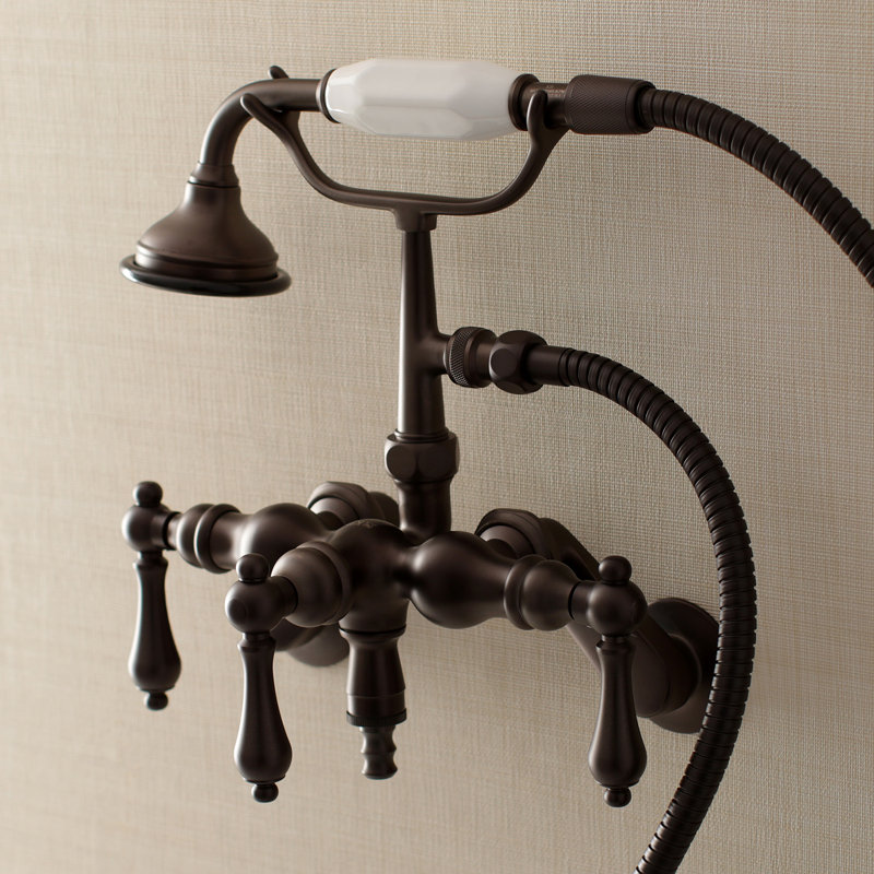 Kingston Brass Vintage Three-Handle 2-Hole Tub Wall Mount Clawfoot Tub Faucet with Hand Shower, Oil Rubbed Bronze