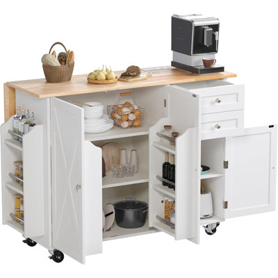  50.4" Kitchen Island With Drop Leaf & Power Outlet, Farmhouse Rolling Island Cart With 3 Spices Shelves On Wheels, Mobil Kitchen Island Table With Rubberwood Countertop Towel Rack