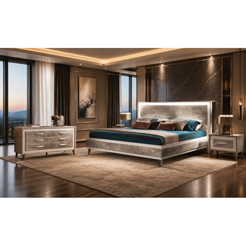 Ensemble de chambre avec très grand lit 6 pièces avec commode double Monaco, Très grand lit