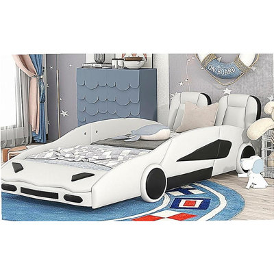 Lit plateforme simple en forme de voiture de course avec roues, blanc