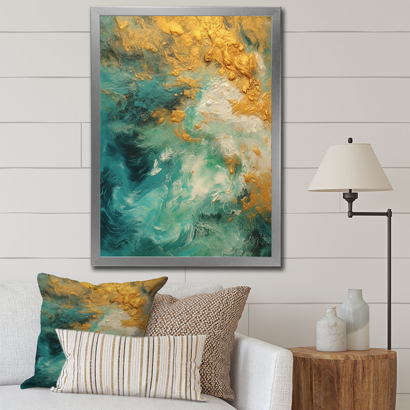 «Morning Bliss», art marbré bleu sarcelle et doré, H 44 po x l 34 po x P 1,5 po, Cadre simple argenté