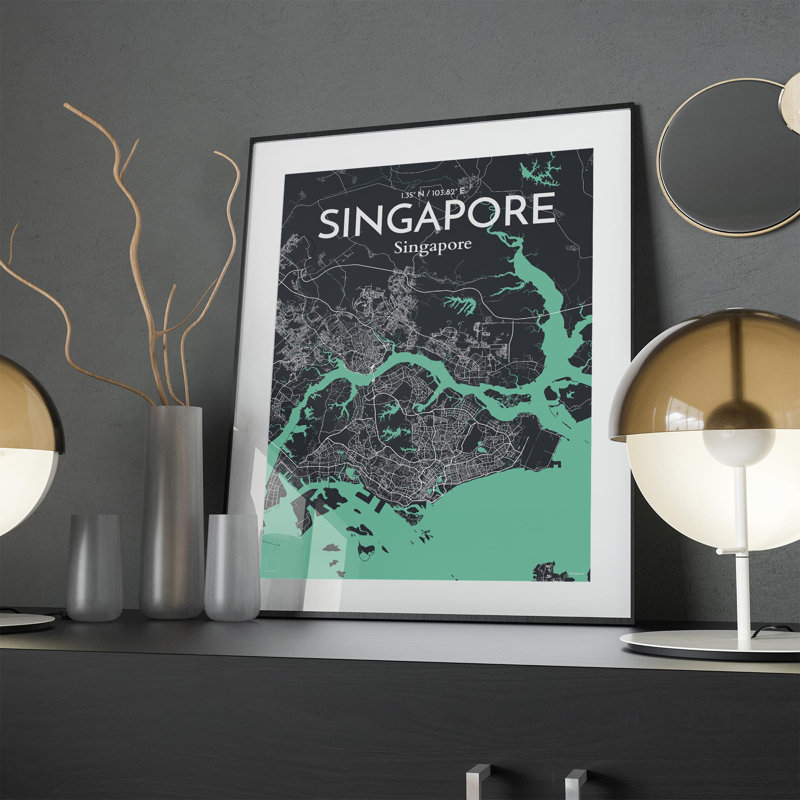 Carte de la ville de Singapour, impression, H 24 po x l 18 po, Vert/gris
