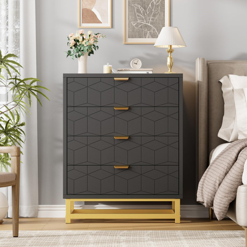 Commode de 23,6 po de largeur pour chambre à coucher, 4 tiroirs, commode en bois avec poignées dorées, armoire de rangement pour couloir