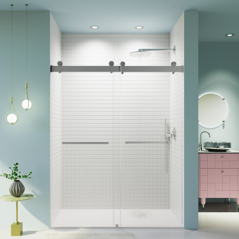 56 po x l 56 po x H 76 po sans cadre porte de douche coulissante à fermeture en douceur, Nickel brossé