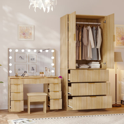 Ensemble de meuble-lavabo avec armoire à 2 portes avec 3 tiroirs, miroir intégré et coiffeuse avec miroir en verre intelligent et 9 tiroirs en chêne