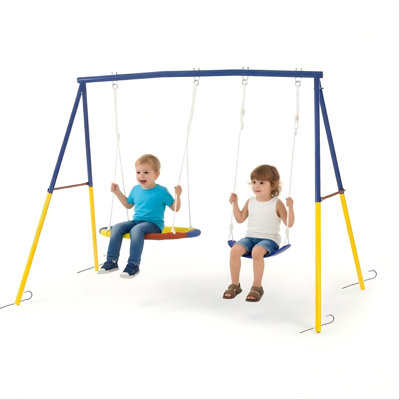 Heavy-Duty A-Frame Metal Swing Set for Backyard, 330 LBS Capacity with 1 Saucer Swing & 1 Belt Swing Seat