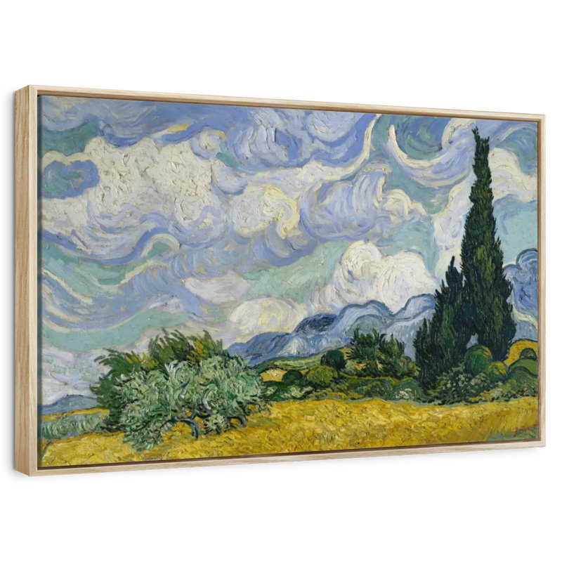 Peinture champ de blé avec cyprès, Cadre flottant en bois naturel, 31 po x 21 po