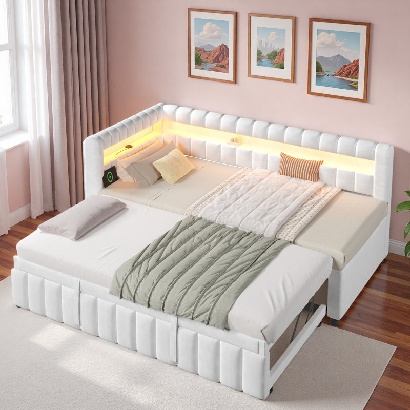 Lit de jour rembourré avec lumières DEL, ports USB et lit gigogne escamotable, Blanc