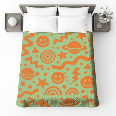 Orange Retro Symbols Quilted Bedspread All Sizes