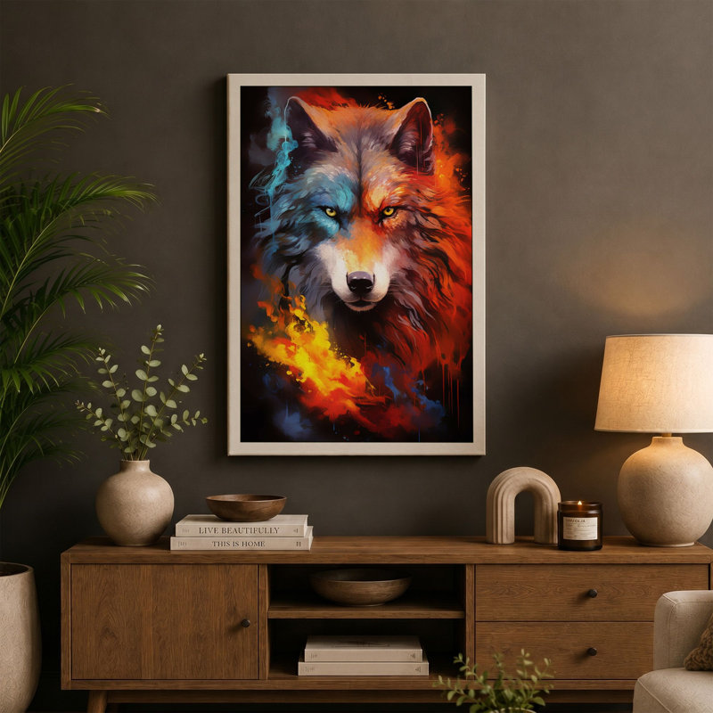 Wolf Of Fire And Ice Modern - Print, 30x20 - 76.2 x 50.8 cm, Teal Border