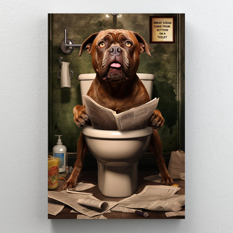 Chien assis sur une toilette sur toile, H 20 po x l 16 po x P 1,25 po