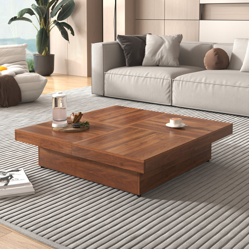 Table basse carrée en placage de marbre avec plateau coulissant et rangement, Noyer, 9.8" H x 39.4" W x 39.4" D