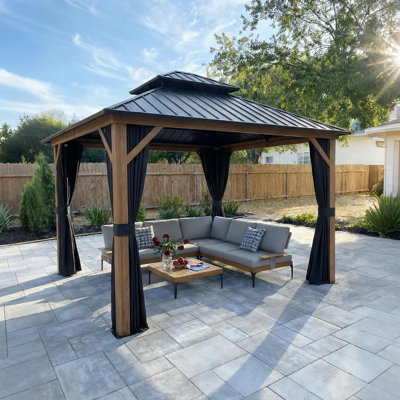 PURPLE LEAF 10' X 10' Hardtop Gazebo Outdoor Wood Grain Aluminum Frame Galvanized Steel Double Roof Gazebos with Netting and Curtains for Patio Deck Backyard Garden
