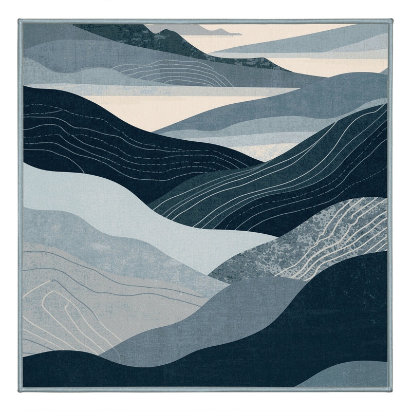 Tapis gris moderne et contemporain lavable à la machine Bemott - Reliure bleu ciel, Carré 3 pi