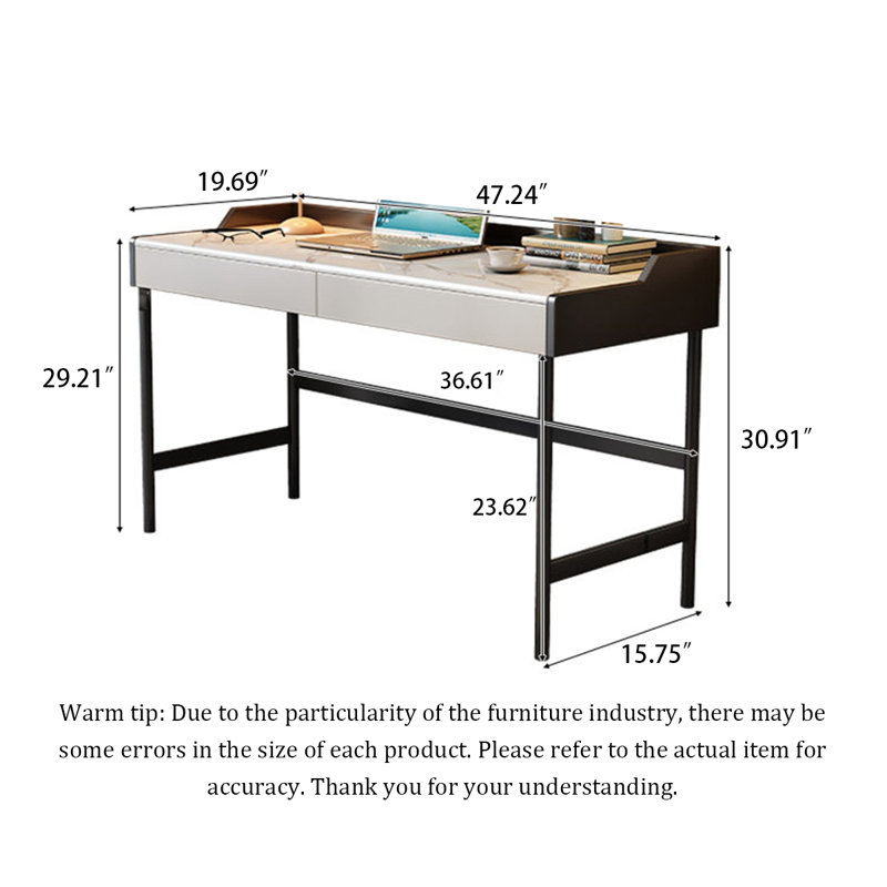 Bureau d'écriture moderne avec plateau en pierre frittée et pieds en acier au carbone, H 30,91 po x l 47,24 po x P 19,69 po