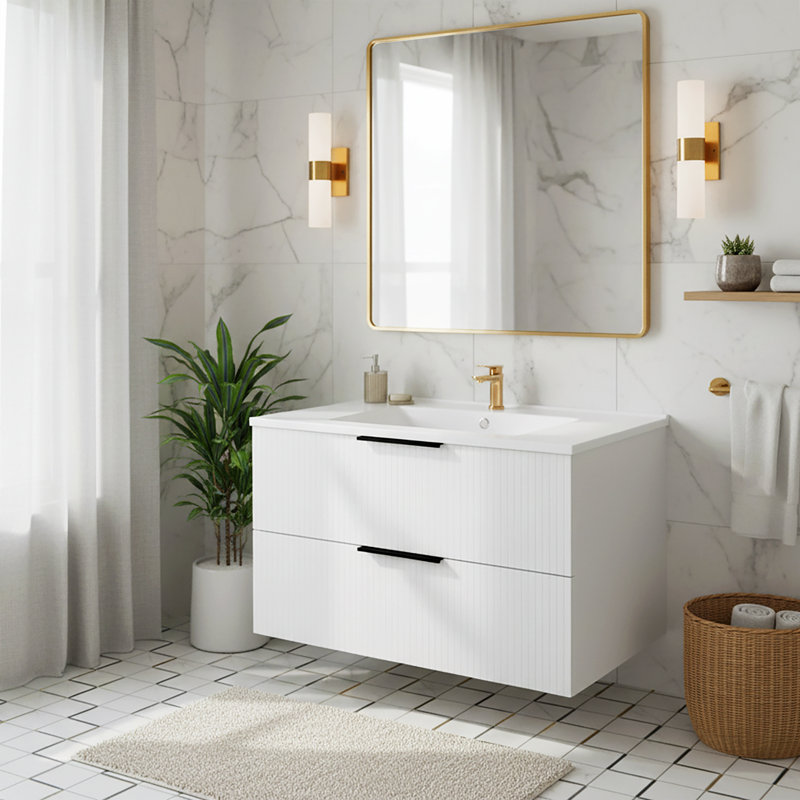 Meuble-lavabo flottant mural moderne avec lavabo en céramique Aqualuxe, 30", Blanc mat