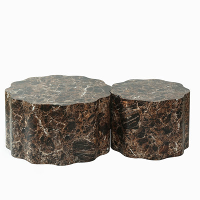 Set of 2 Round Coffee Tables with Faux Travertine Walnut Marble Top, Modern Minimalist Side Tables Accent End Table
