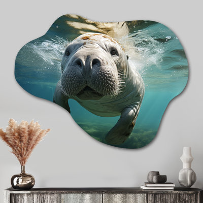 Turquoise Grey Manatee Portrait - Cloud Manatee Metal Wall Decor, Asymmetrical Metal Wall Sculpture Print