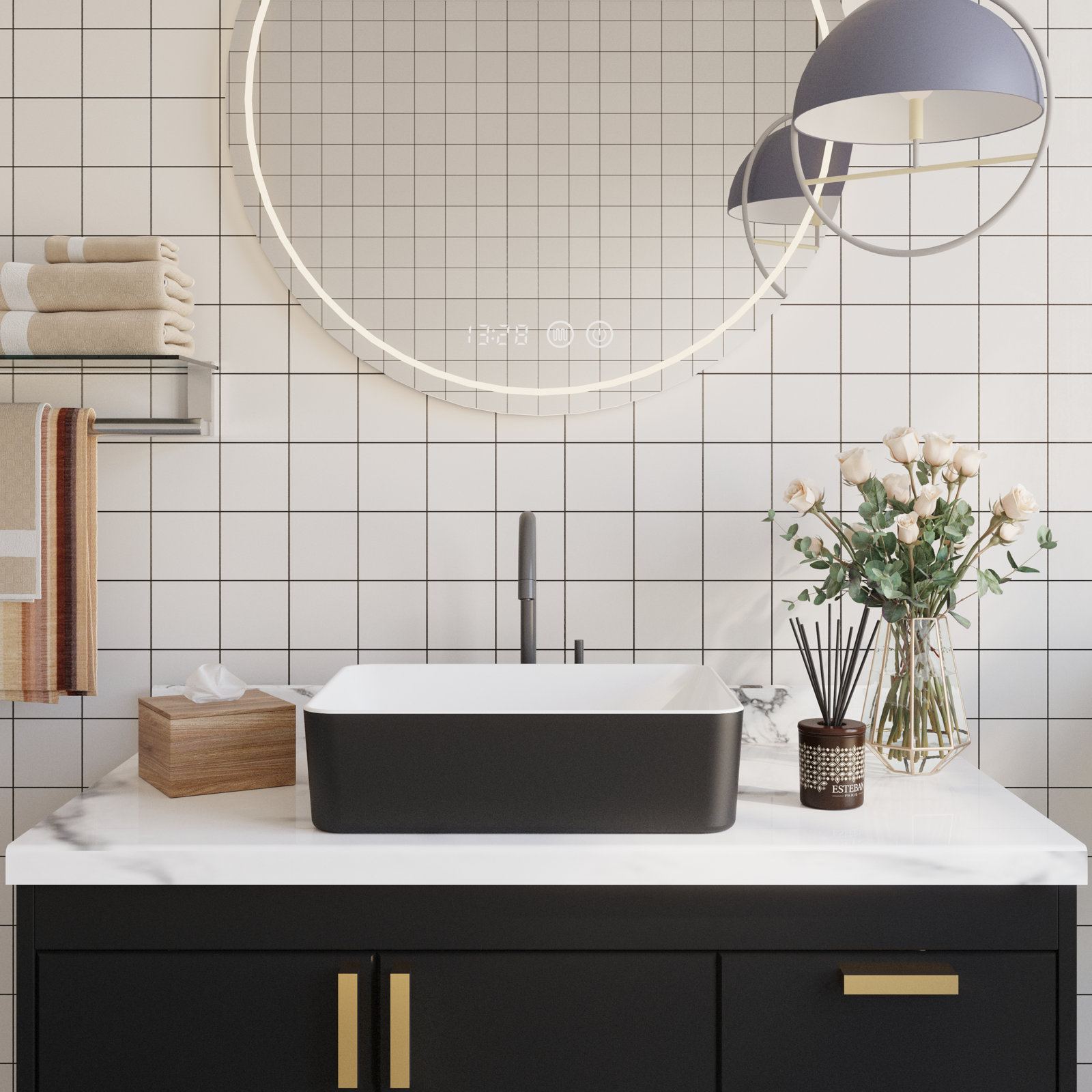 Ally Rectangular Vitreous China Vessel Sink, White/Black