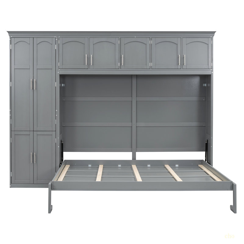 Grand lit escamotable mural avec armoires, gris