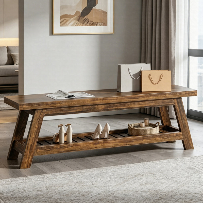 Banc de 55 po avec rangement pour chaussures, banc à chaussures à 2 niveaux en bois pour l'entrée, banc de couloir intérieur avec tablette