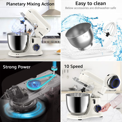 3-in-1 Electric Stand Mixer, 10-speed With Pulse Button, Attachments Include 6QT Bowl, Dough Hook, Beater, Whisk For Most Home Cooks