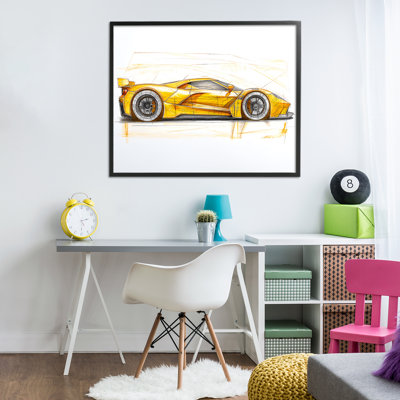 Giclée encadrée de fantaisie de voiture de sport jaune, design par Steve Hunziker