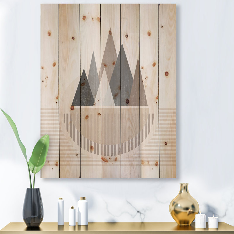Abstrait soleil et lune dans les montagnes III - impression moderne sur bois de pin naturel, H 20 po x l 10 po x P 0,78 po
