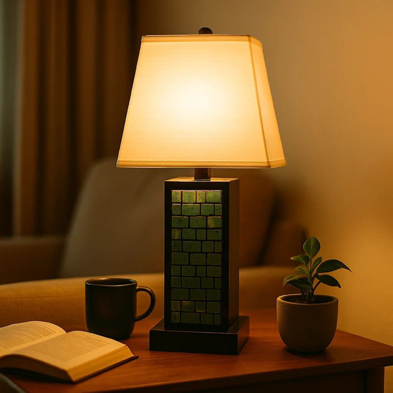 Lampe de table rectangulaire en métal avec motif de brique, blanc et bleu, Bleu