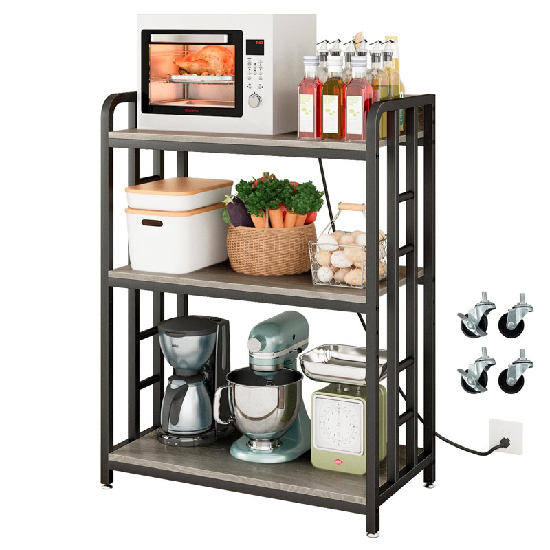 Étagère de boulanger avec prise électrique, chariot à micro-ondes réglable à 3 niveaux, support pour micro-ondes avec rangement, étagère à épices, roulettes verrouillables, coin café (gris igname)
