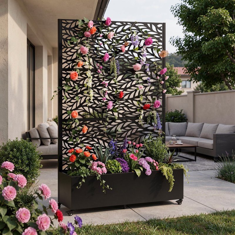 Lit de jardin surélevé en métal avec roues et treillis 73 po x 47 po x 16 po Boîte à fleurs pour grimper les légumes, la vigne et l'écran d'intimité avec drainage
