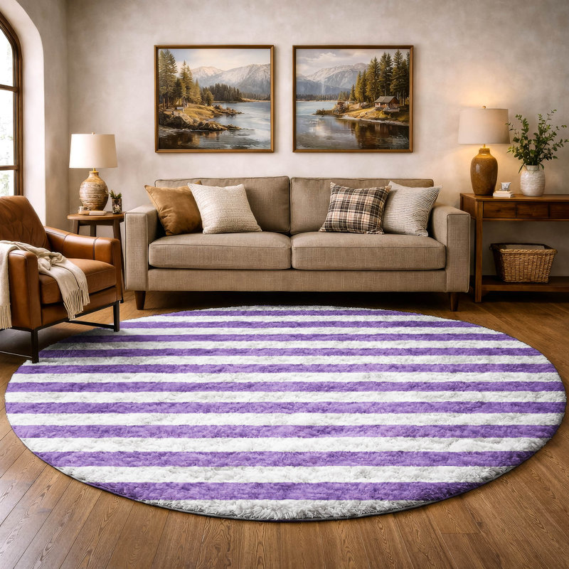 Premium Machine Washable Dream Shag ADS528 Striped Rug, 8' Round, Purple