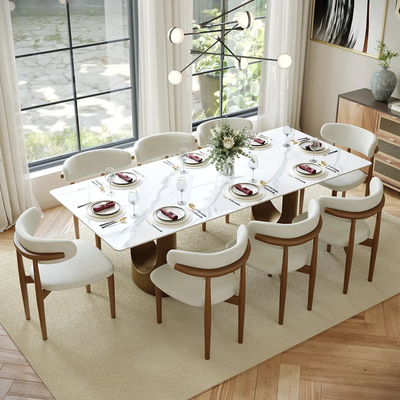 Table de salle à manger rectangulaire moderne en pierre frittée avec base à double piédestal, Blanc lustré