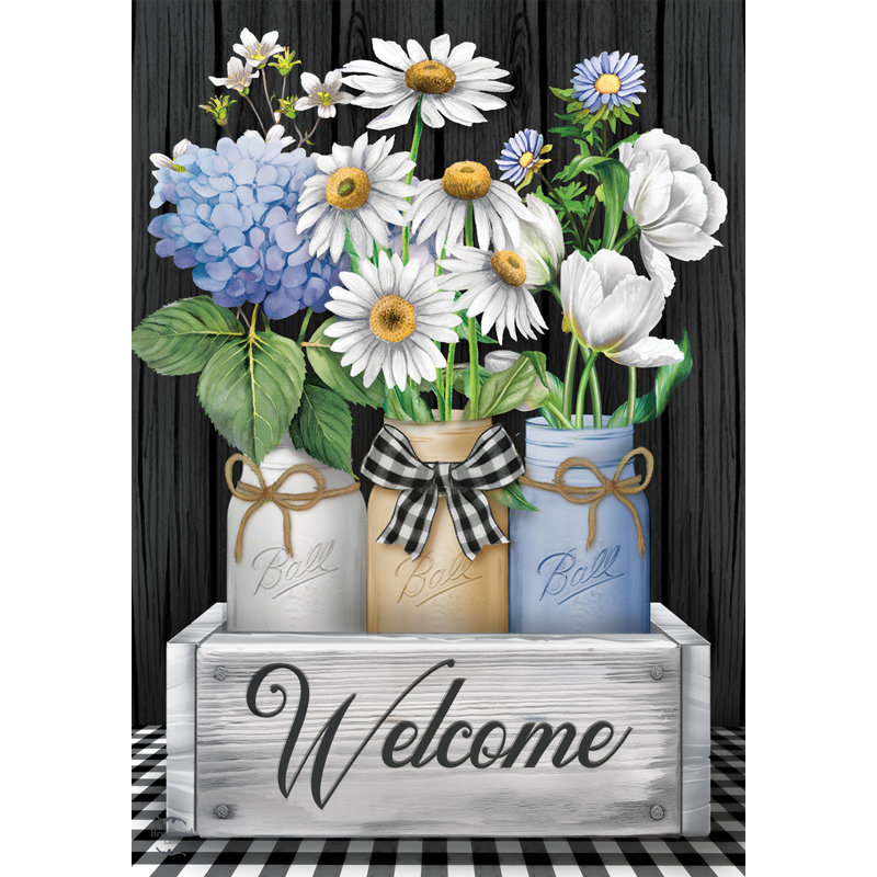 Drapeau de jardin en pot, Printemps blanc/gris foncé