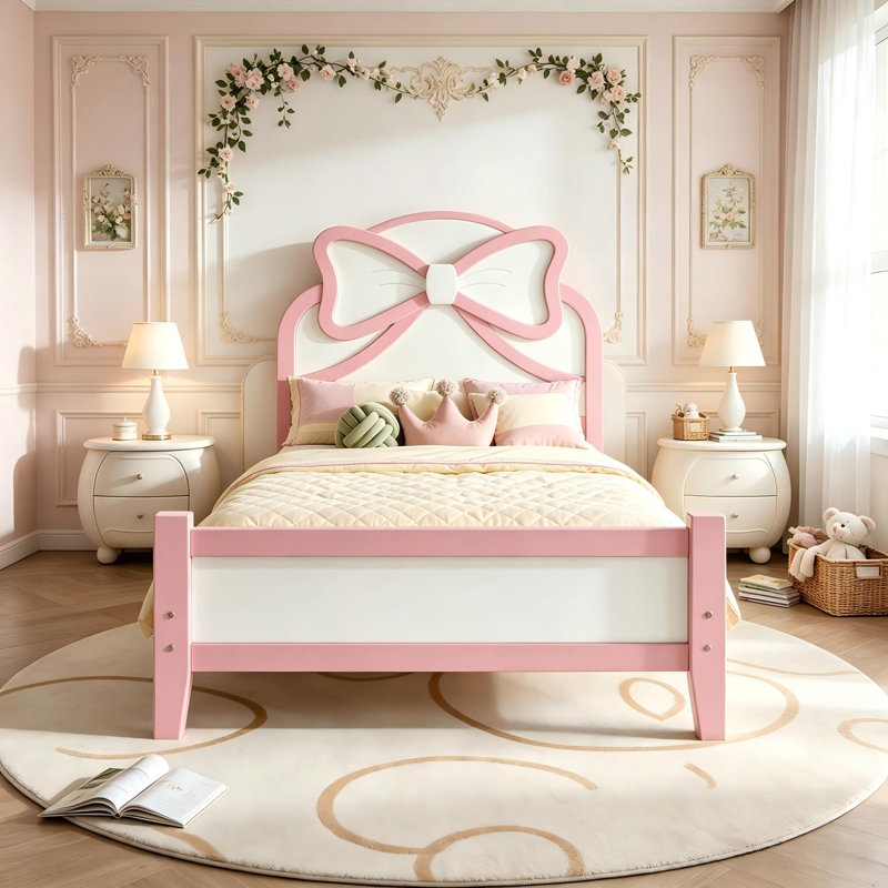 Lit plateforme en bois pour une personne avec tête de lit arquée, cadre de lit en bois massif avec sommier à lattes, lit plateforme bas pour enfants, adolescentes et filles, sommier non nécessaire, rose et blanc.