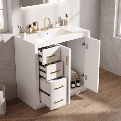 36-Inch Bathroom Vanity with Integrated Ceramic Sink, Solid Wood Frame, 3 Drawers, Soft-Closing Doors & Cabinet Storage – Freestanding Vanity Set for Bathroom and Powder Room