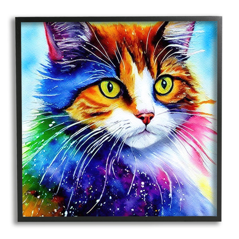 «Bold Rainbow Cat Face», impression, Giclée encadrée noir minuit, H 12 po x l 12 po x P 1,5 po