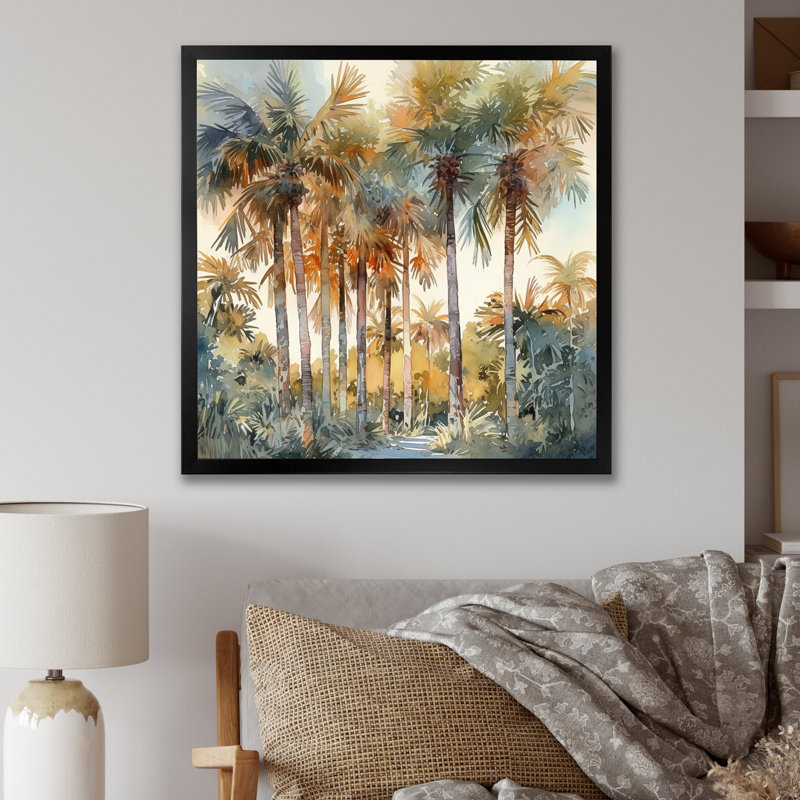 Green Palm Tree Paradise III - Print, Black Picture Framed, 36" H x 36" W