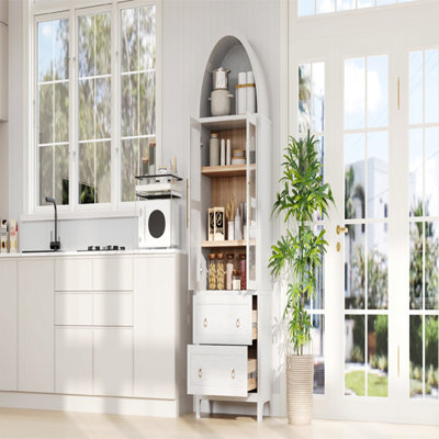 Grand garde-manger arqué de 71 po avec 2 grands tiroirs, armoires de cuisine de style campagnard moderne avec tablettes réglables, porte vitrée, armoire de cuisine polyvalente en bois pour la cuisine, salle à manger
