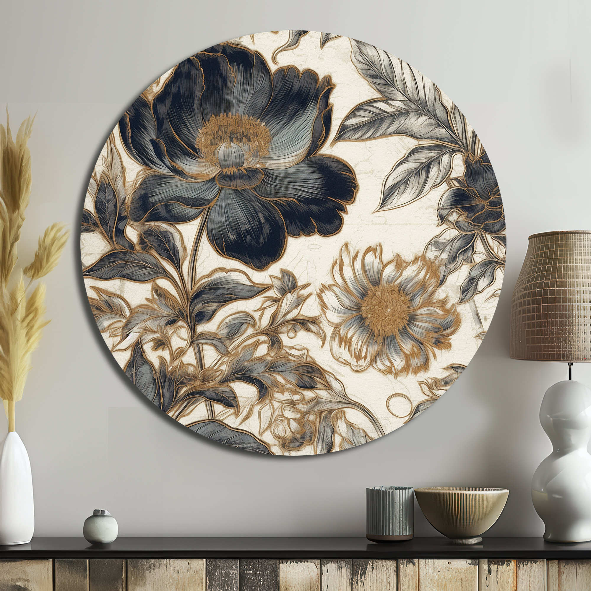 Lark Manor™ Blue Gold Peonies Symphony I - Floral Round Metal Art ...