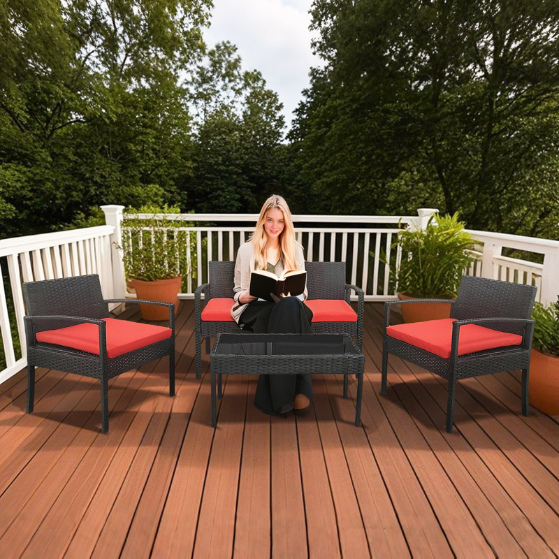  Ensemble de 4 pièces de mobilier d'extérieur en osier, ensemble de conversation avec coussins et table en verre trempé