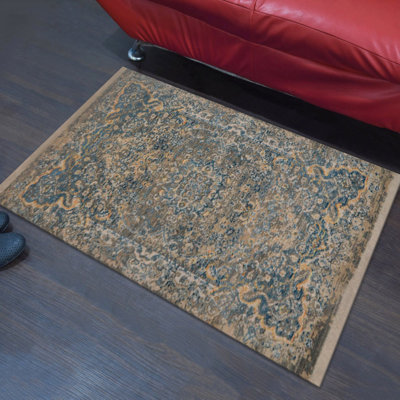 Tapis gris / bleu en polyester tissé à la machine 2 pi x 3 pi 10 po Oriental