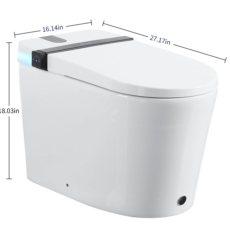 Toilette intelligente avec siège de bidet intégré, capteur de pied à ouverture / fermeture automatique, affichage à DEL, nuit, eau chaude et sécheuse, lampe rotative, toilette à poignée latérale en céramique blanche moderne, profondeur de 26,92 po,